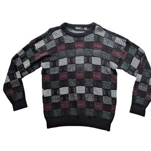Vintage Impact Checkered Sweater XL Genuine Leather Trim Patchwork Grandpa